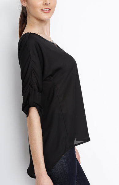 Black 3/4 Sleeve Top with PU Detail