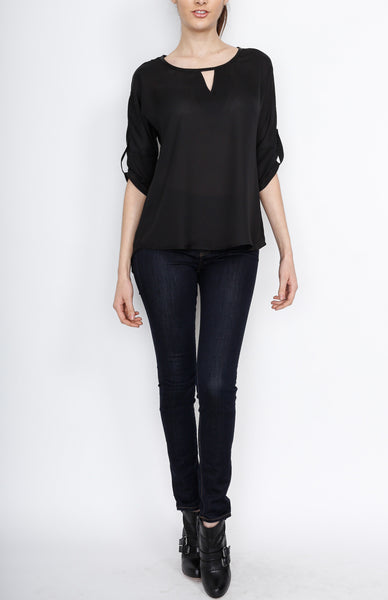 Black 3/4 Sleeve Top with PU Detail