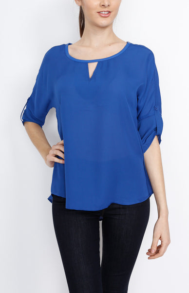 Blue 3/4 Sleeve Top with PU Detail