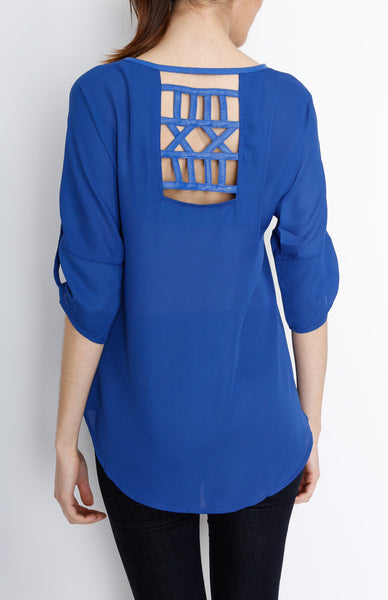 Blue 3/4 Sleeve Top with PU Detail