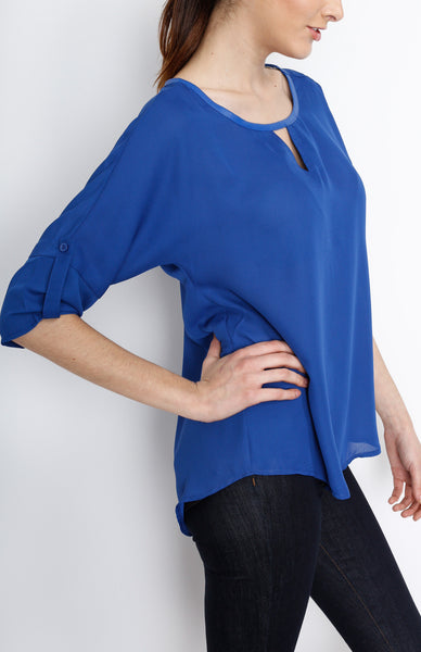 Blue 3/4 Sleeve Top with PU Detail