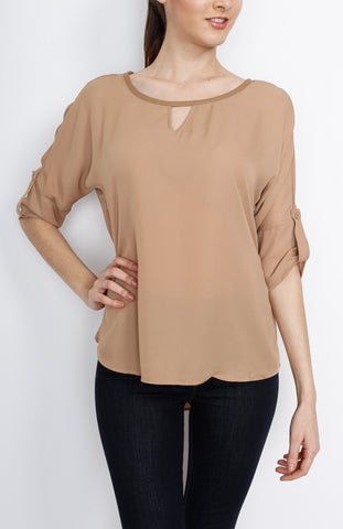 Mocha 3/4 Sleeve Top with PU Detail