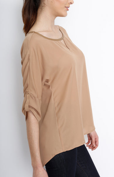 Mocha 3/4 Sleeve Top with PU Detail