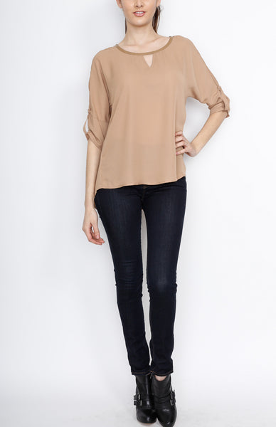 Mocha 3/4 Sleeve Top with PU Detail