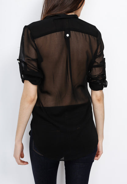 Black Woven Three Quarter Top with Front Pocket Detail