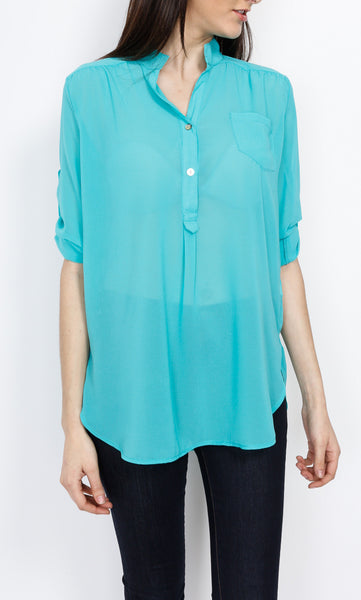 Jade Woven Three Quarter Top with Front Pocket Detail