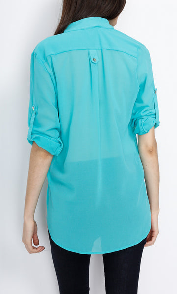 Jade Woven Three Quarter Top with Front Pocket Detail