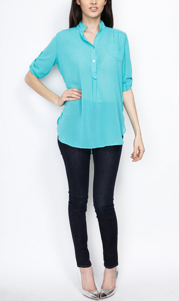 Jade Woven Three Quarter Top with Front Pocket Detail