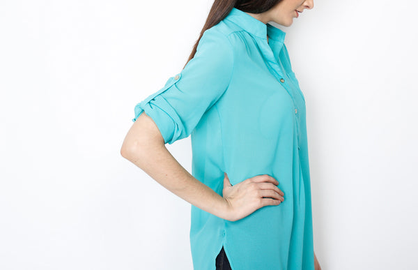 Jade Woven Three Quarter Top with Front Pocket Detail