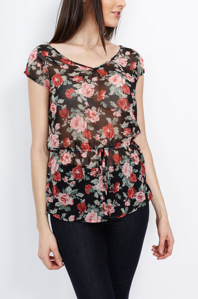 Black Floral Top with Strings and Cross back Detail