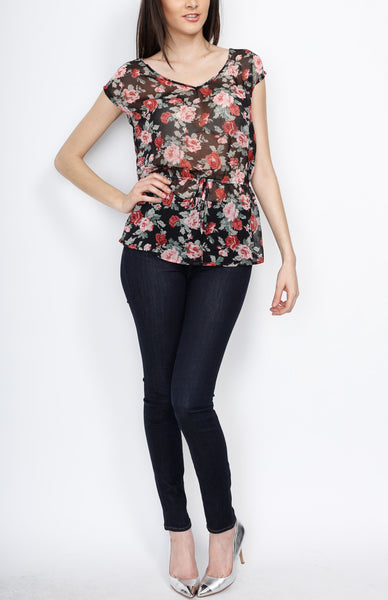 Black Floral Top with Strings and Cross back Detail