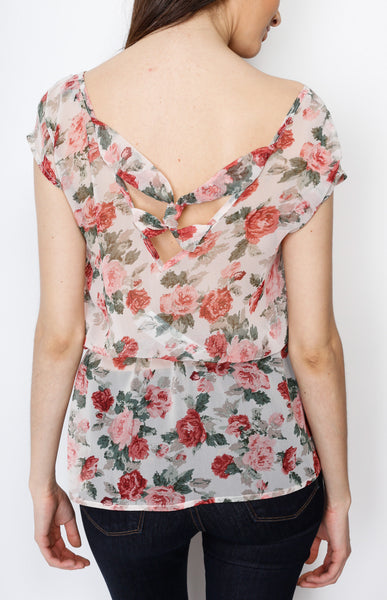 Taupe Floral Top with Strings and Cross back Detail