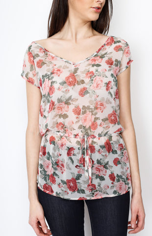 Taupe Floral Top with Strings and Cross back Detail