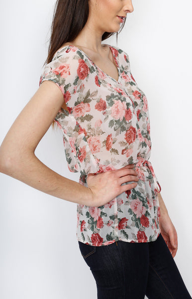 Taupe Floral Top with Strings and Cross back Detail