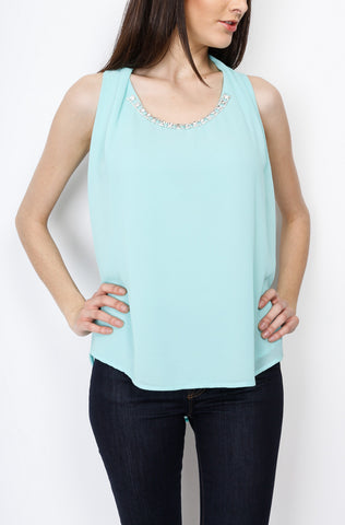 Mint Woven Top with Neck Emblelishments