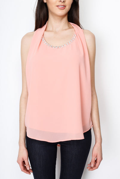 Peach Woven Top with Neck Emblelishments