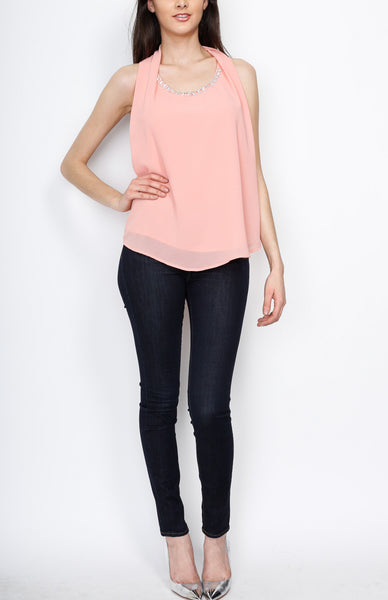 Peach Woven Top with Neck Emblelishments