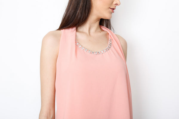 Peach Woven Top with Neck Emblelishments