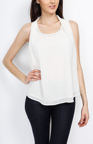 White Woven Top with Neck Emblelishments