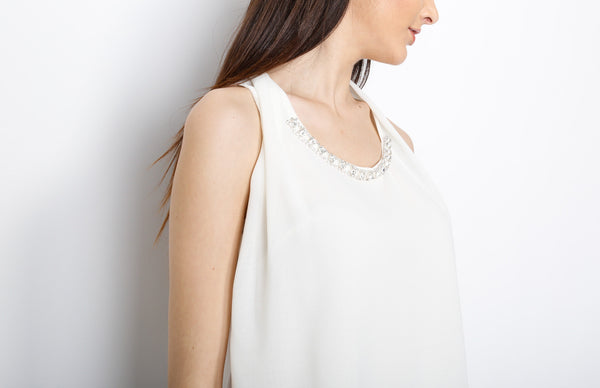 White Woven Top with Neck Emblelishments