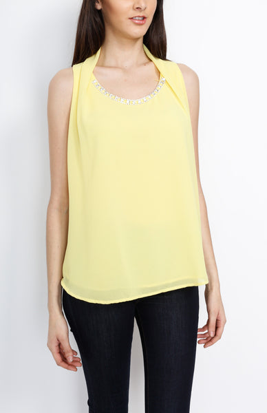 Yellow Woven Top with Neck Emblelishments