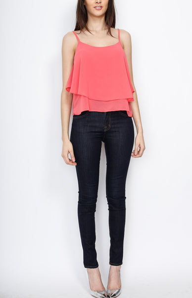 Coral Layered Spaghetti Strap Top with Lining