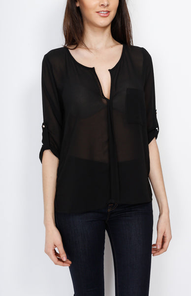 Black Three Quarter V Neck Top with Front Pocket Detail