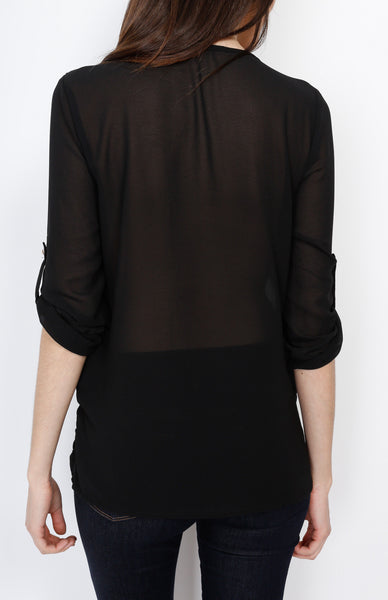 Black Three Quarter V Neck Top with Front Pocket Detail