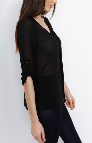 Black Three Quarter V Neck Top with Front Pocket Detail