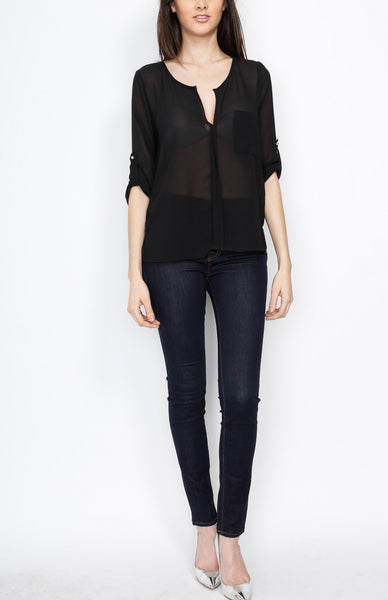 Black Three Quarter V Neck Top with Front Pocket Detail