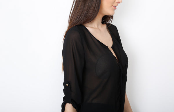 Black Three Quarter V Neck Top with Front Pocket Detail