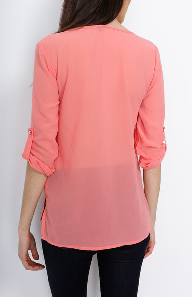Coral Three Quarter V Neck Top with Front Pocket Detail