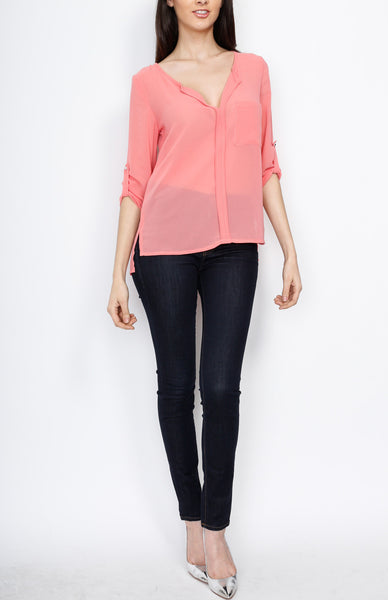 Coral Three Quarter V Neck Top with Front Pocket Detail