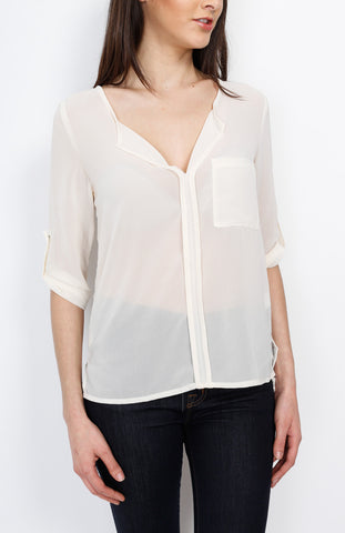 Ivory Three Quarter V Neck Top with Front Pocket Detail