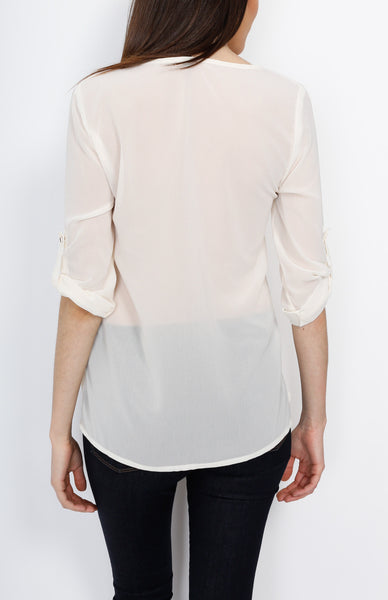 Ivory Three Quarter V Neck Top with Front Pocket Detail