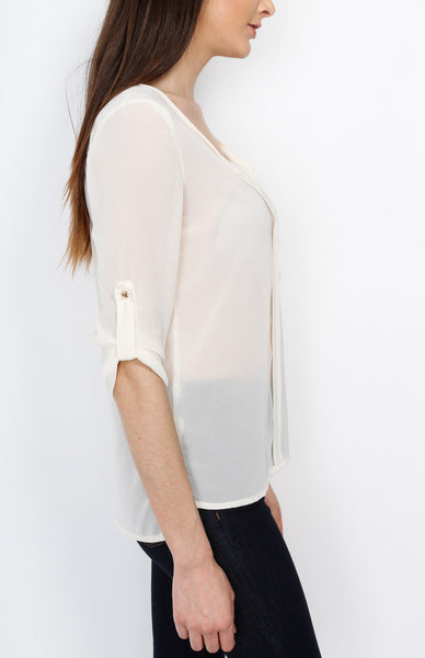 Ivory Three Quarter V Neck Top with Front Pocket Detail