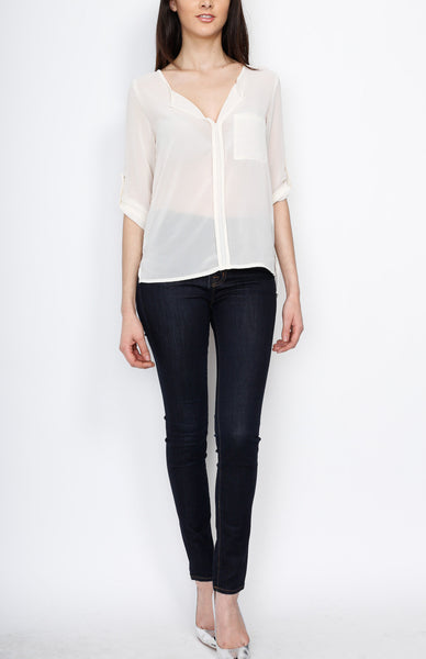 Ivory Three Quarter V Neck Top with Front Pocket Detail