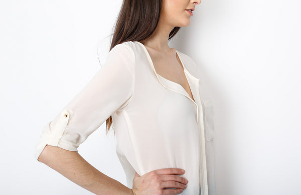 Ivory Three Quarter V Neck Top with Front Pocket Detail