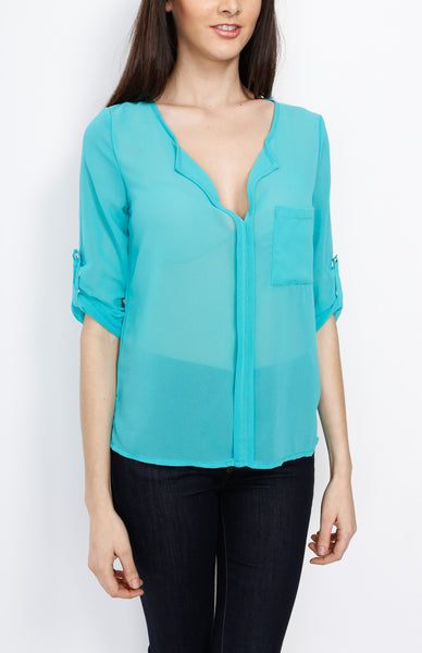 Mint Three Quarter V Neck Top with Front Pocket Detail