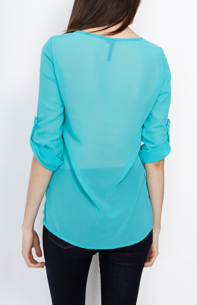 Mint Three Quarter V Neck Top with Front Pocket Detail