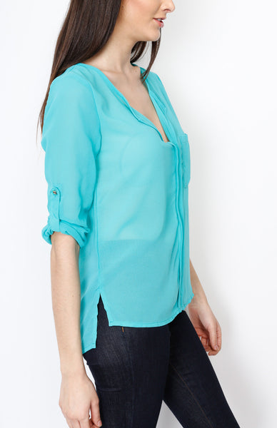 Mint Three Quarter V Neck Top with Front Pocket Detail