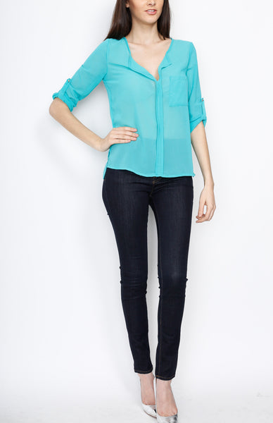 Mint Three Quarter V Neck Top with Front Pocket Detail