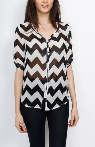 Black Three Quarter Chevron Top with Button Down Detail