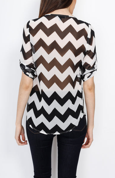 Black Three Quarter Chevron Top with Button Down Detail