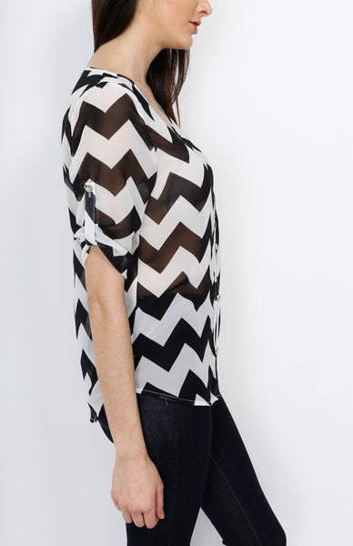 Black Three Quarter Chevron Top with Button Down Detail