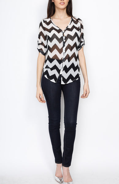 Black Three Quarter Chevron Top with Button Down Detail