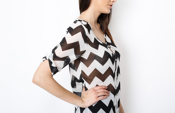 Black Three Quarter Chevron Top with Button Down Detail