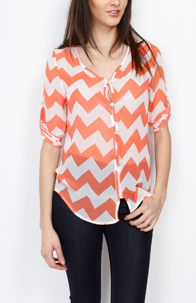 Coral Three Quarter Chevron Top with Button Down Detail