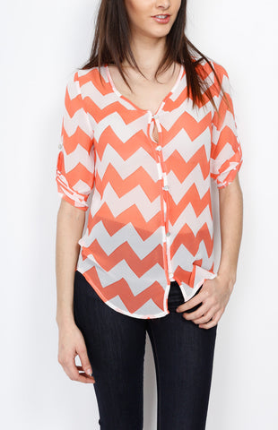 Coral Three Quarter Chevron Top with Button Down Detail