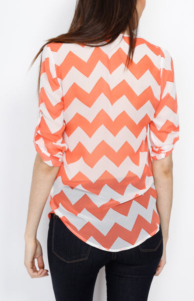Coral Three Quarter Chevron Top with Button Down Detail